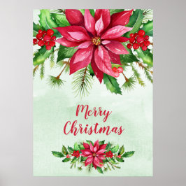 Watercolor Red Poinsettia Blommigt jul Poster
