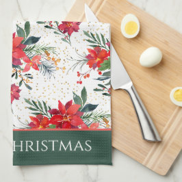 Watercolor Red Poinsettia Bouquet jul Kökshandduk