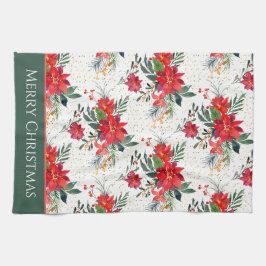Watercolor Red Poinsettia Bouquet jul Kökshandduk