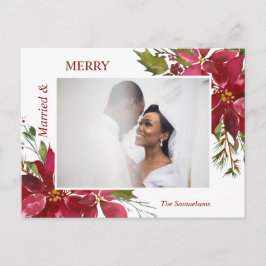 Watercolor Red Poinsettia Married God jul Vykort