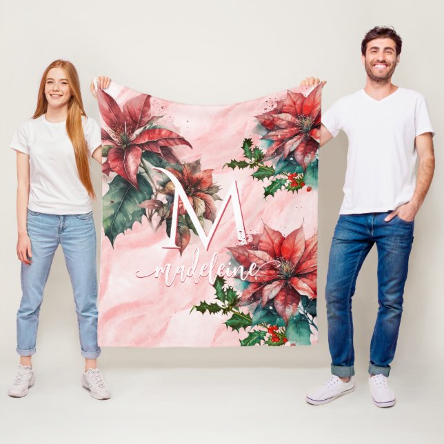 Watercolor Red Poinsettia Mistletoe Namn jul Fleecefilt (På plats)