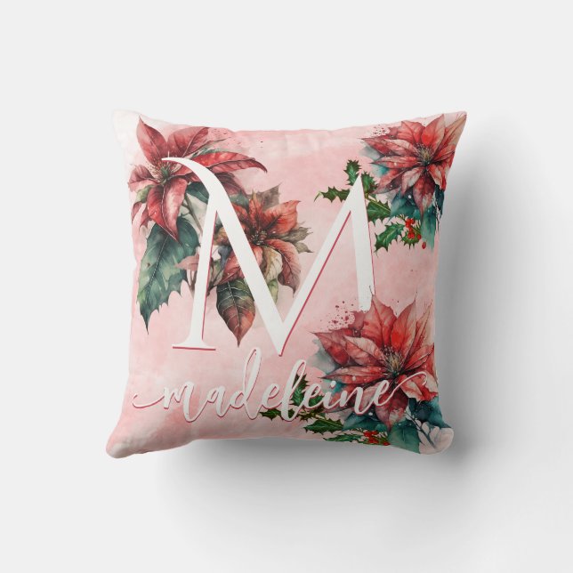 Watercolor Red Poinsettia Mistletoe Namn jul Kudde (Baksida)