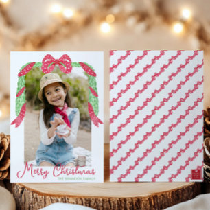 Watercolor Red Polka Dot Bow Swag-julfoto Julkort