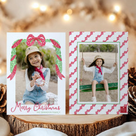 Watercolor Red Polka Dot Bow Swag-julfoto Julkort