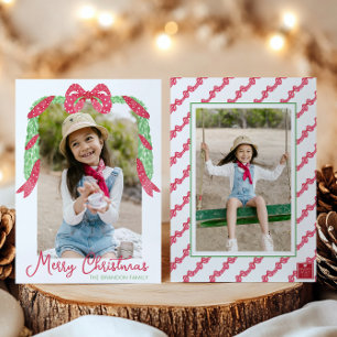 Watercolor Red Polka Dot Bow Swag-julfoto Julkort