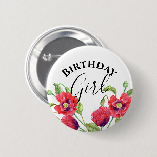 Watercolor Red Poppies Blommigt Birthday Girl Knapp