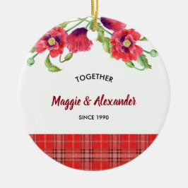 Watercolor Red Poppies Blommigt Tartan Mönster Julgransprydnad Keramik