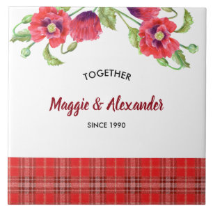 Watercolor Red Poppies Blommigt Tartan Mönster Kakelplatta