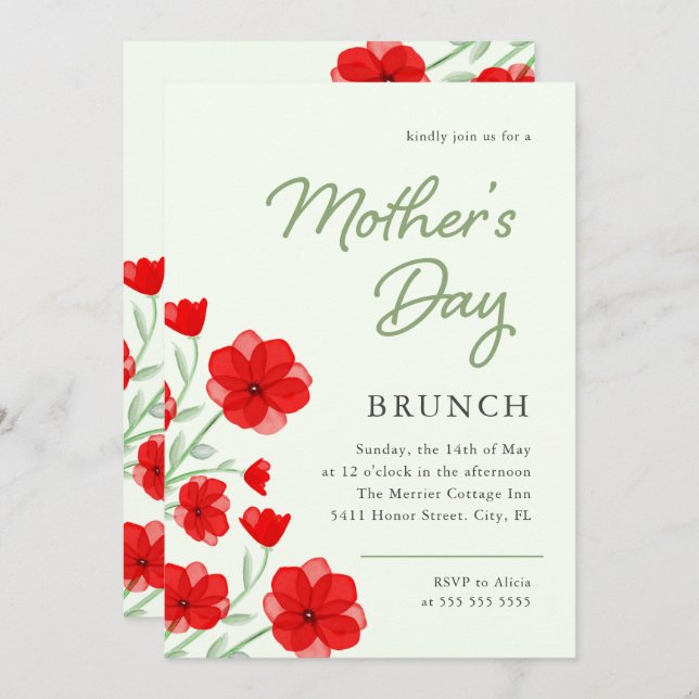 Watercolor Red Poppy Blommigt Mors dag Brunch Inbjudningar (Fram/baksida)