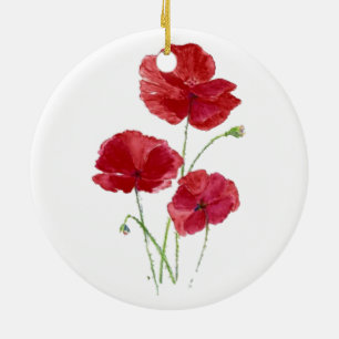 Watercolor Red Poppy Garden Flower Blommigt art Julgransprydnad Keramik