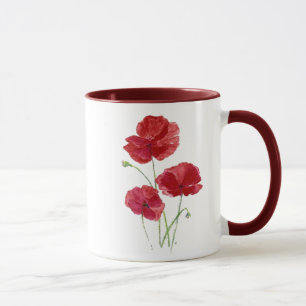 Watercolor Red Poppy Garden Flower Blommigt art Mugg
