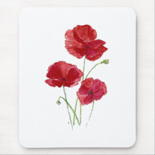 Watercolor Red Poppy Garden Flower Blommigt art Musmatta