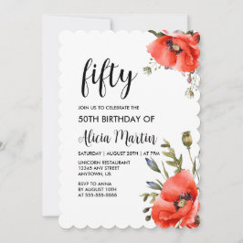 Watercolor Red Poppy Grey 50 Birthday Inbjudningar