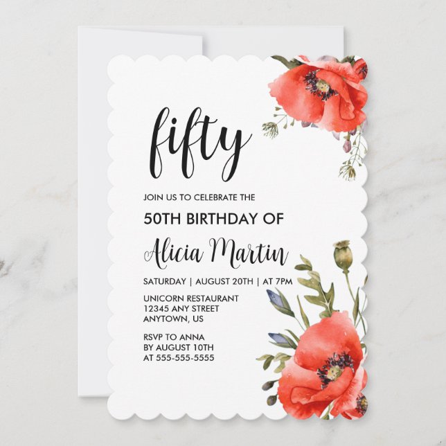Watercolor Red Poppy Grey 50 Birthday Inbjudningar (Framsida)