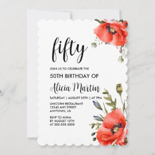 Watercolor Red Poppy Grey 50 Birthday Inbjudningar