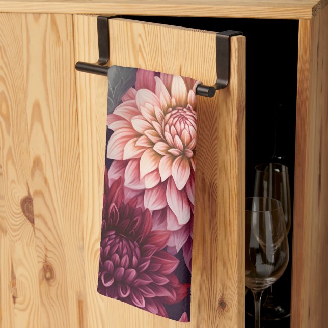 Watercolor Red Rosa Dahlia Mönster Design Kökshandduk (Thirds Fold)