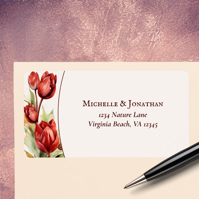 Watercolor Red Tulip Vår Blommigt Bröllop Adress Adressetikett (Watercolor Red Tulip Spring Floral Wedding Address Label)