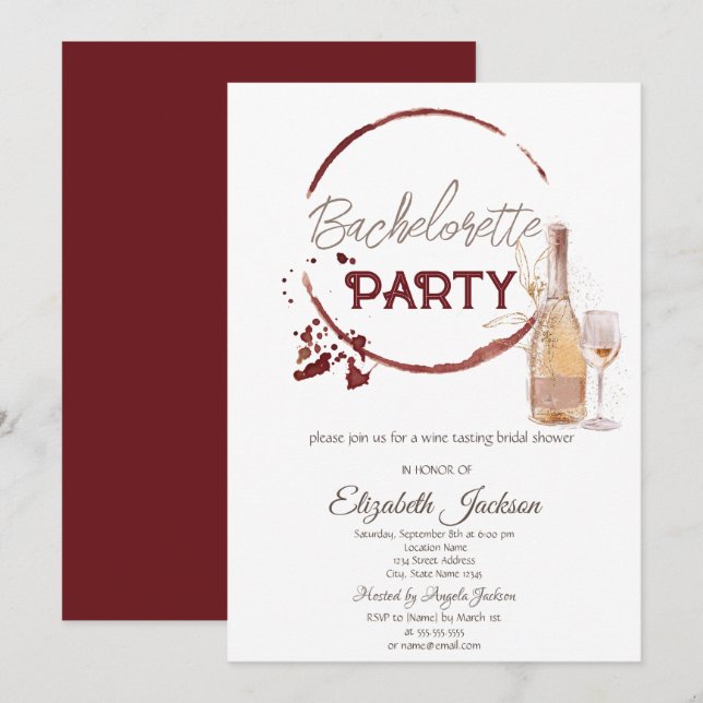 Watercolor Red Vin Taste Bachelorette Inbjudningar (Fram/baksida)