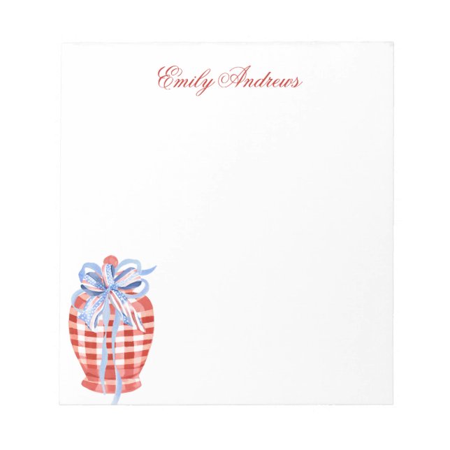 Watercolor Red & White Gingham Bow Ginger Burk Anteckningsblock (Framsida)