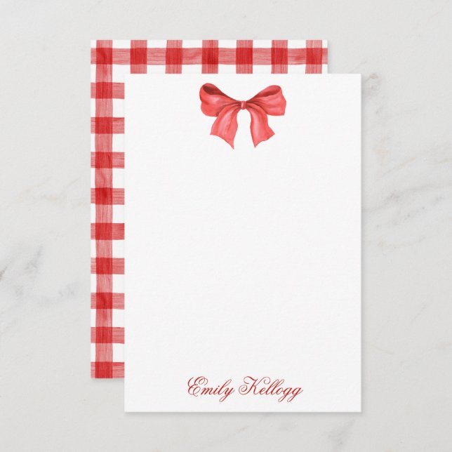 Watercolor Red & White Gingham Bow Tack Kort (Fram/baksida)