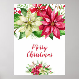 Watercolor Red White Poinsettia Blommigt jul Poster