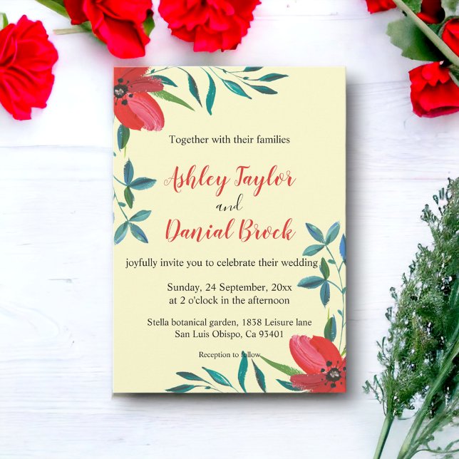 Watercolor Red Wildblomme Grönt Blommigt Bröllop Inbjudningar (Skapare uppladdad)