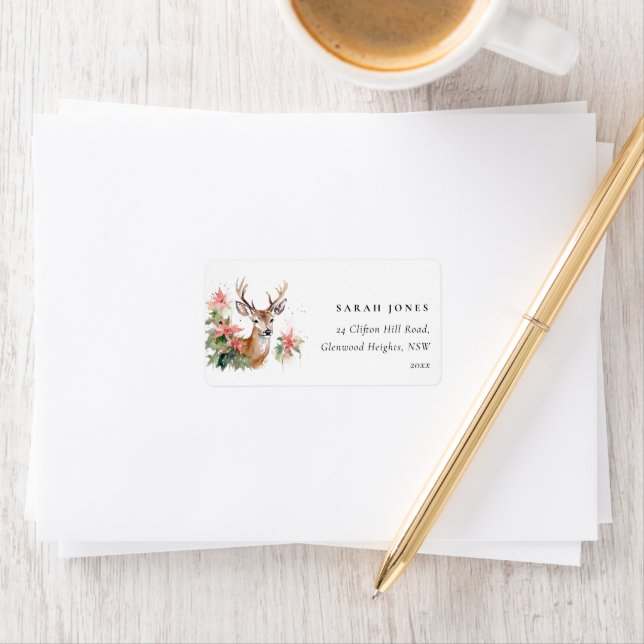 Watercolor Reindeer Poinsettia jul Adress Adressetikett (Insitu)