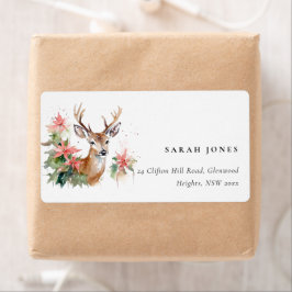 Watercolor Reindeer Poinsettia jul Adress Fraktsedel