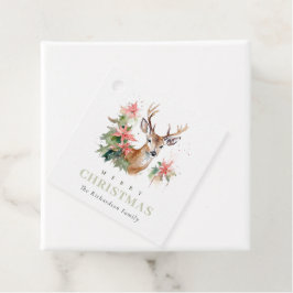 Watercolor Reindeer Poinsettia jul Foliage Gåvor Etiketter