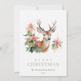 Watercolor Reindeer Poinsettia jul Foliage Julkort