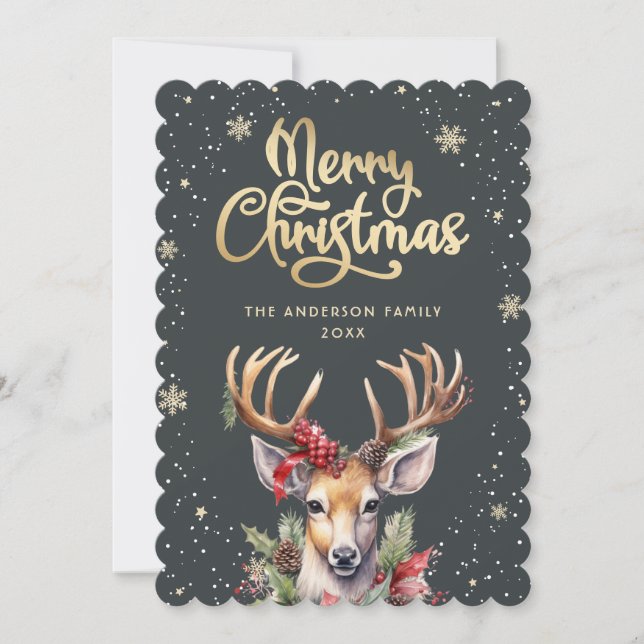 Watercolor Reindeer Snowflake Christmas Card Julkort (Framsida)
