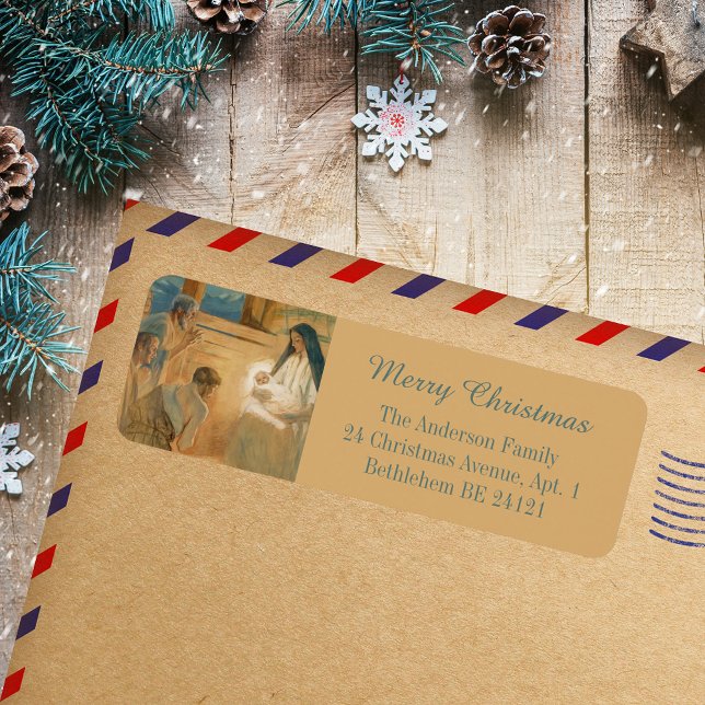 Watercolor Religiösa Christian God jul Returadress Etikett (Watercolor Modern Religious Christian Catholic Merry Christmas Holiday Return Address Labels)