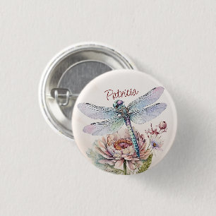 Watercolor Retro Dragonfly och Peony Flower Knapp