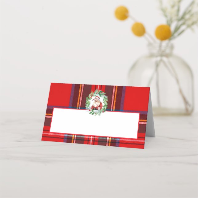 Watercolor Retro Santa Red Stewart Plaid Christmas Placeringskort (Framsida)