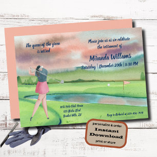 Watercolor Retrött Golf Woman på Grönten Inbjudningar