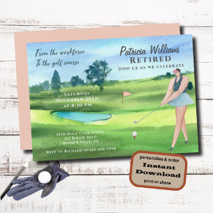 Watercolor Retrött Golf Women on Golf Course Inbjudningar