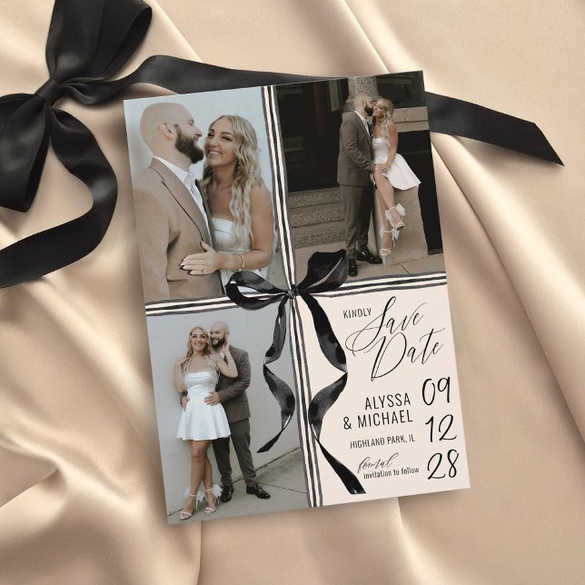 Watercolor Ribbon Bow Modern 3 Photo Wedding Spara Datumet (Ivory and black watercolor ribbon bow 3 photo modern elegant classic simple wedding save the date)