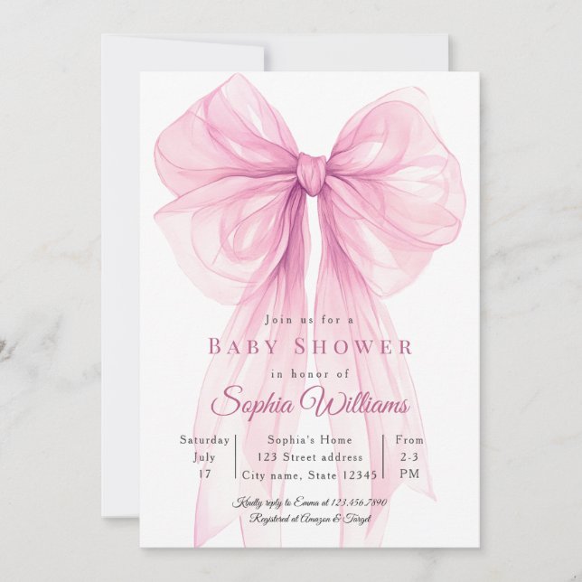 Watercolor Ribbon Girl Baby Shower Invite Inbjudningar (Framsida)