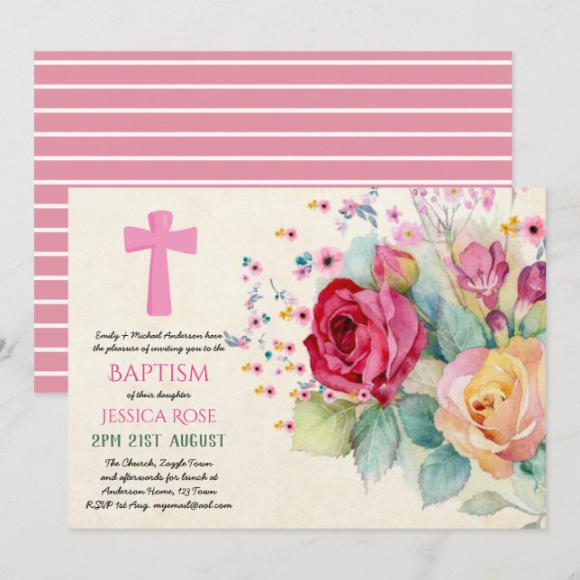 Watercolor Ro BAPTISM Girls, Woman Inbjudningskort (Fram/baksida)