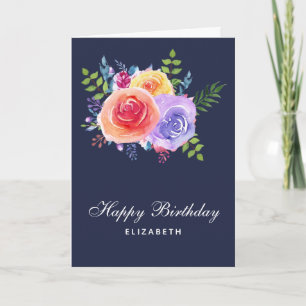 Watercolor Ro Blommigt Bouquet Birthday Kort