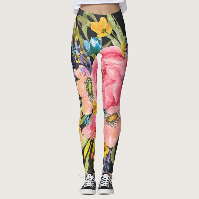 Watercolor Ro Blommigt Bouquet Leggings (Framsida)