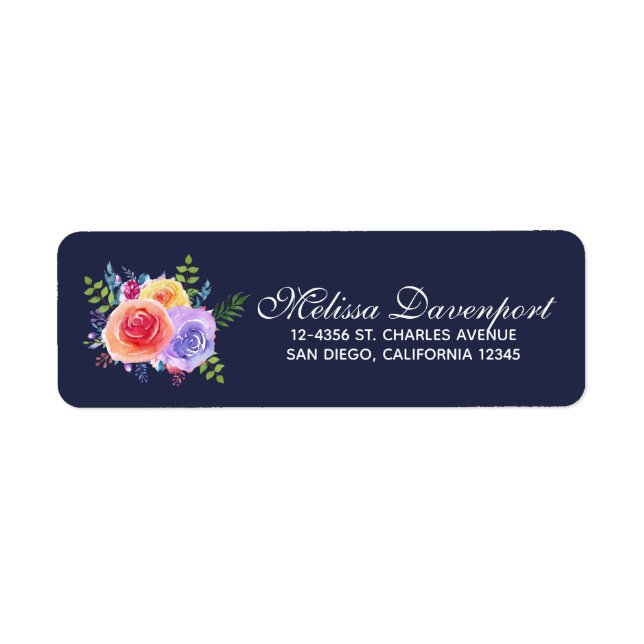 Watercolor Ro Blommigt Bouquet Returadress Etikett (Framsidan)