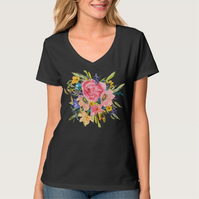 Watercolor Ro Blommigt Bouquet T Shirt (Framsida)