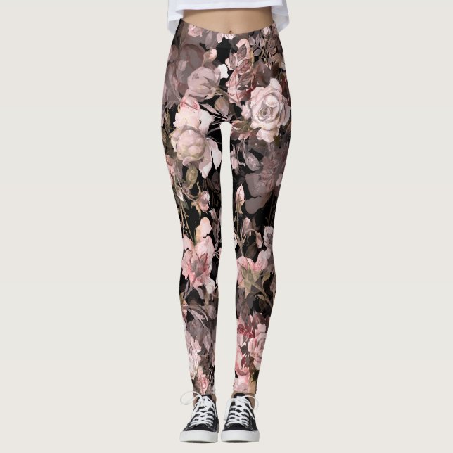 Watercolor Ro Bud Bouquet Mönster Leggings (Framsida)