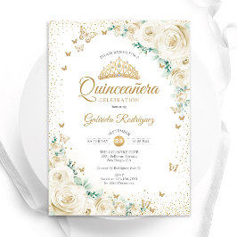 Watercolor Ro Cream Guld Blommigt Quinceanera Inbjudningar