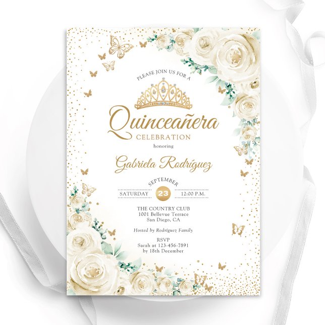 Watercolor Ro Cream Guld Blommigt Quinceanera Inbjudningar (Skapare uppladdad)