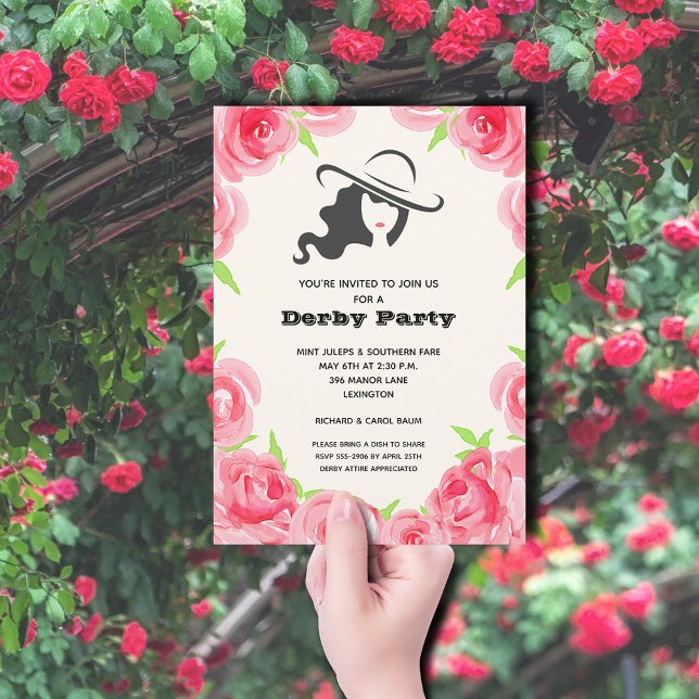 Watercolor Ro Derby Party Inbjudningar (A lady in her big hat and a rose border Derby Party invitations)