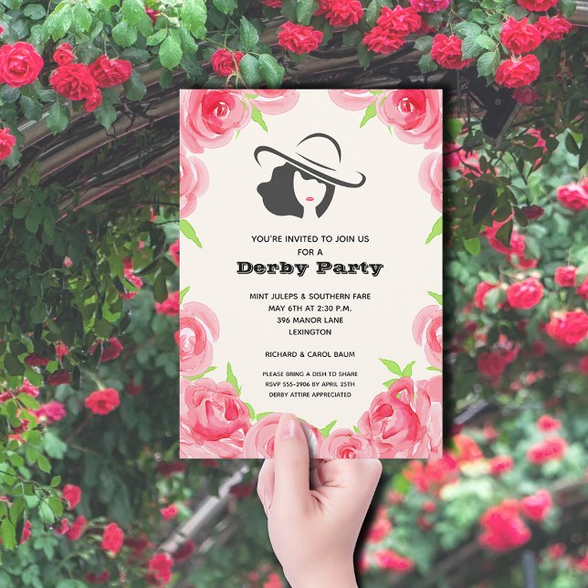Watercolor Ro Derby Party Inbjudningar (Big Hat Lady and Roses Derby Party Invitations)
