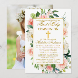 Watercolor Ro Flowers First Communion Photo Inbjudningar