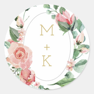 Watercolor Ro Garden Monogram Bröllop Seal Runt Klistermärke